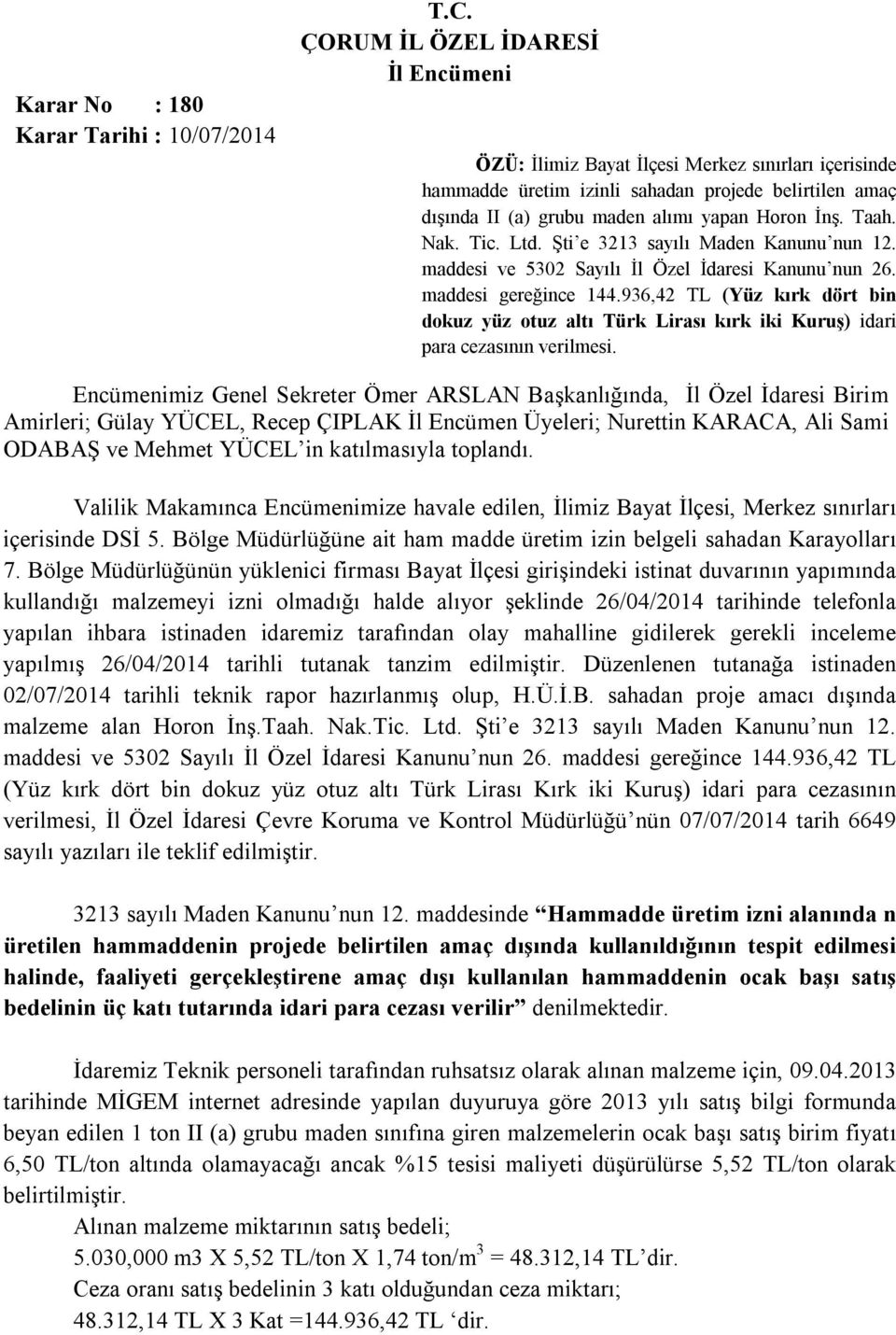 936,42 TL (Yüz kırk dört bin dokuz yüz otuz altı Türk Lirası kırk iki Kuruş) idari para cezasının verilmesi.