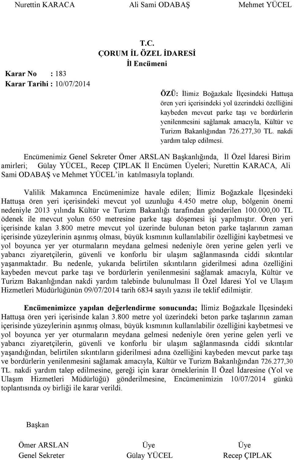 Encümenimiz Genel Sekreter Ömer ARSLAN lığında, İl Özel İdaresi Birim amirleri; Gülay YÜCEL, Recep ÇIPLAK İl Encümen Üyeleri; Nurettin KARACA, Ali Sami Valilik Makamınca Encümenimize havale edilen;