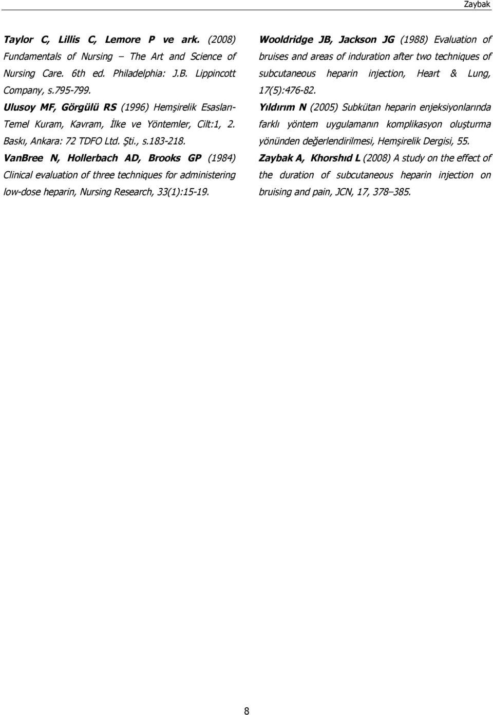 VanBree N, Hollerbach AD, Brooks GP (1984) Clinical evaluation of three techniques for administering low-dose heparin, Nursing Research, 33(1):15-19.