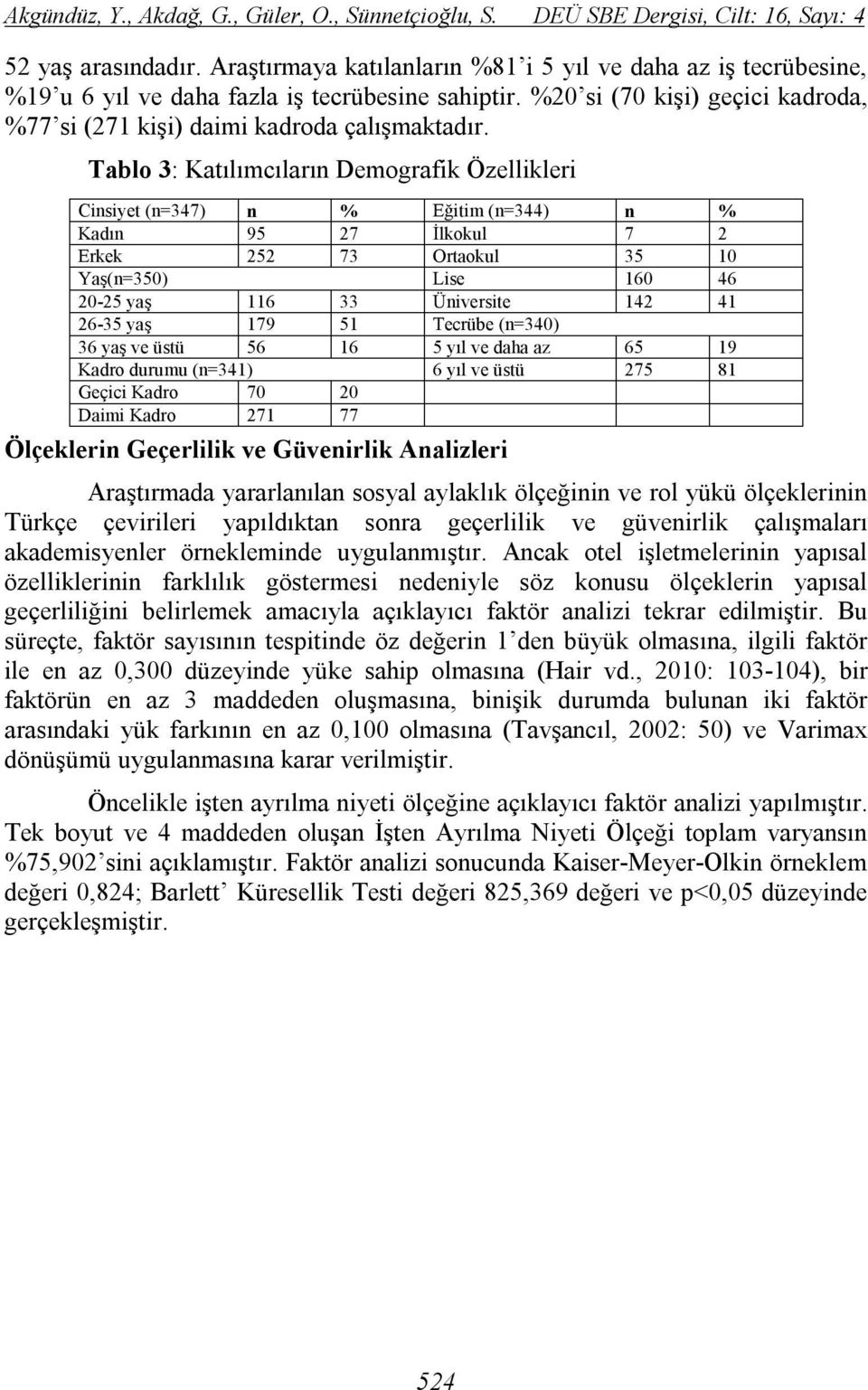 Tablo 3: Katılımcıların Demografik Özellikleri Cinsiyet (n=347) n % Eğitim (n=344) n % Kadın 95 27 İlkokul 7 2 Erkek 252 73 Ortaokul 35 10 Yaş(n=350) Lise 160 46 20-25 yaş 116 33 Üniversite 142 41