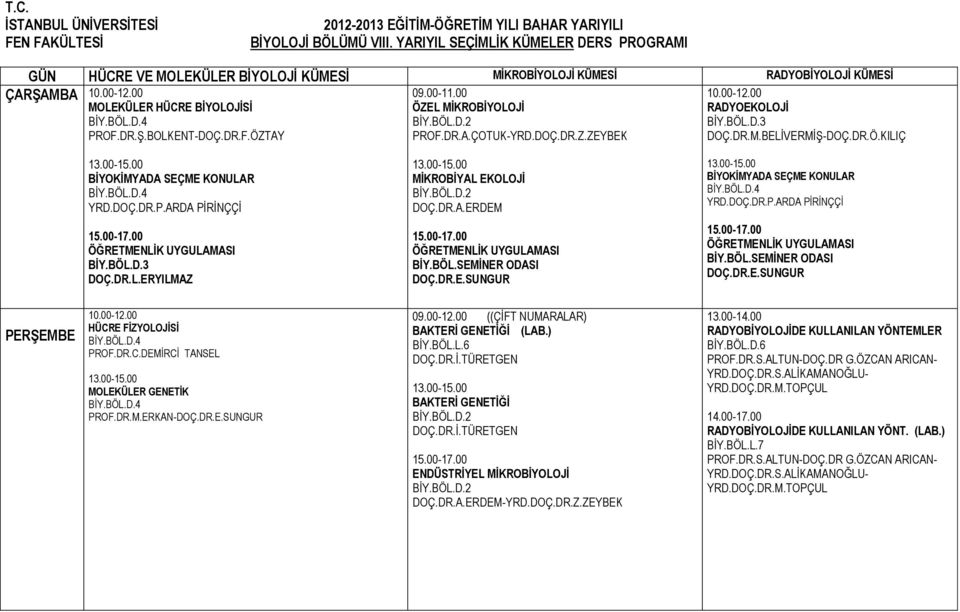 DR.E.SUNGUR DOÇ.DR.E.SUNGUR PERŞEMBE HÜCRE FİZYOLOJİSİ PROF.DR.C.DEMİRCİ TANSEL MOLEKÜLER GENETİK PROF.DR.M.ERKAN-DOÇ.DR.E.SUNGUR 09.00-12.00 ((ÇİFT NUMARALAR) BAKTERİ GENETİĞİ (LAB.) BİY.BÖL.L.6 DOÇ.