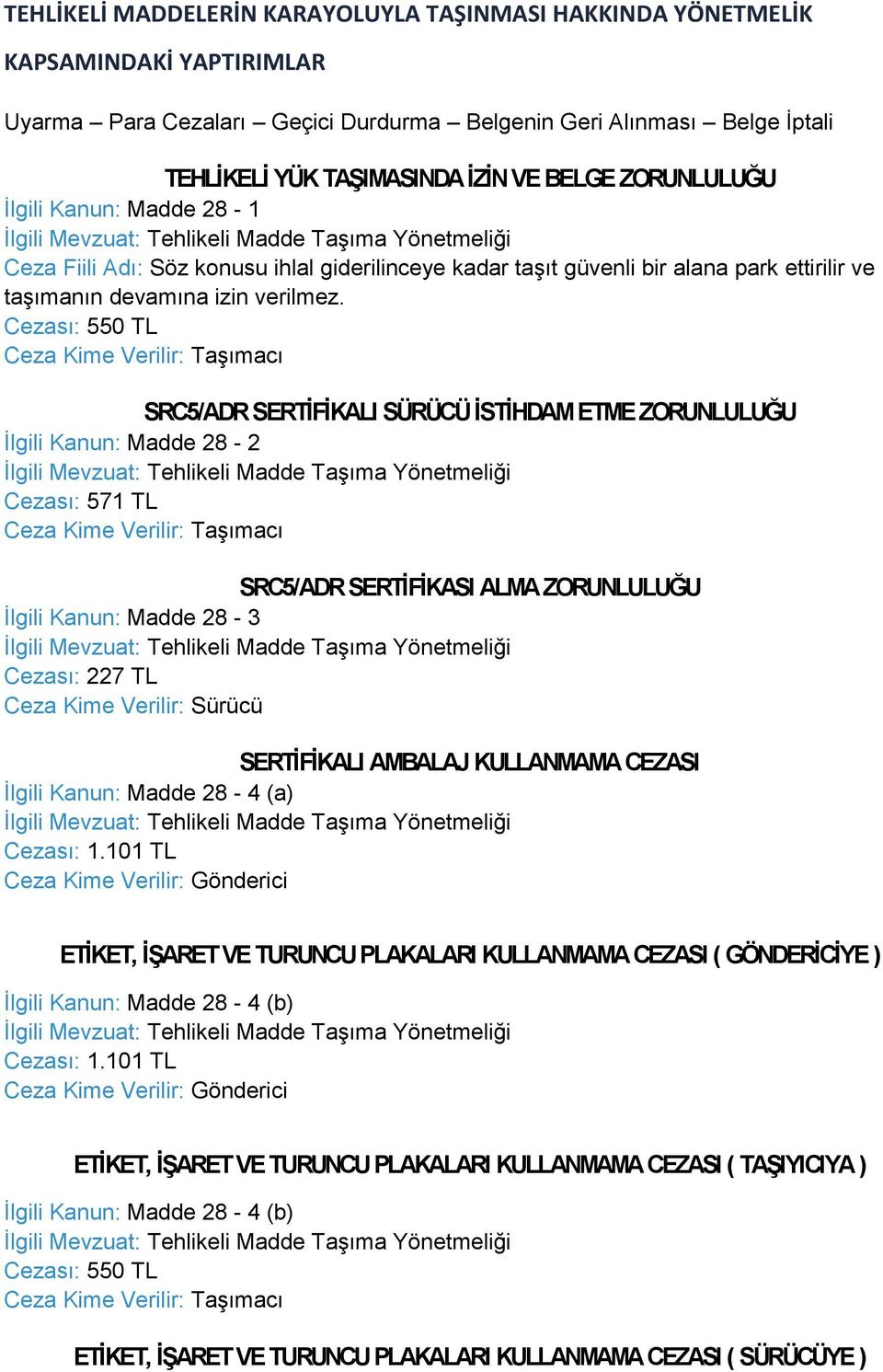 SRC5/ADR SERTİFİKALI SÜRÜCÜ İSTİHDAM ETME ZORUNLULUĞU İlgili Kanun: Madde 28-2 Cezası: 571 TL SRC5/ADR SERTİFİKASI ALMA ZORUNLULUĞU İlgili Kanun: Madde 28-3 Cezası: 227 TL SERTİFİKALI AMBALAJ