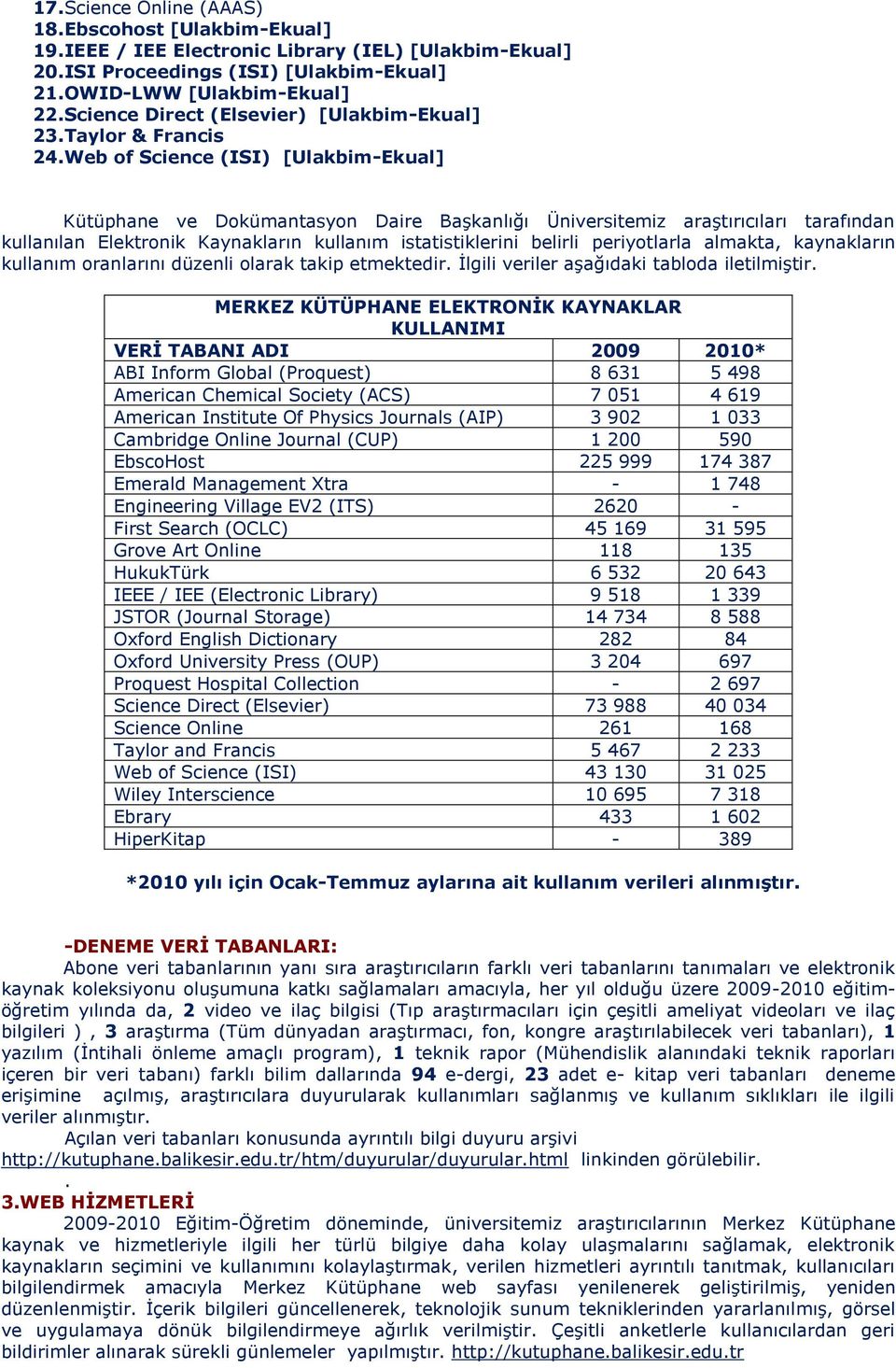 Web of Science (ISI) [Ulakbim-Ekual] Kütüphane ve Dokümantasyon Daire Başkanlığı Üniversitemiz araştırıcıları tarafından kullanılan Elektronik Kaynakların kullanım istatistiklerini belirli