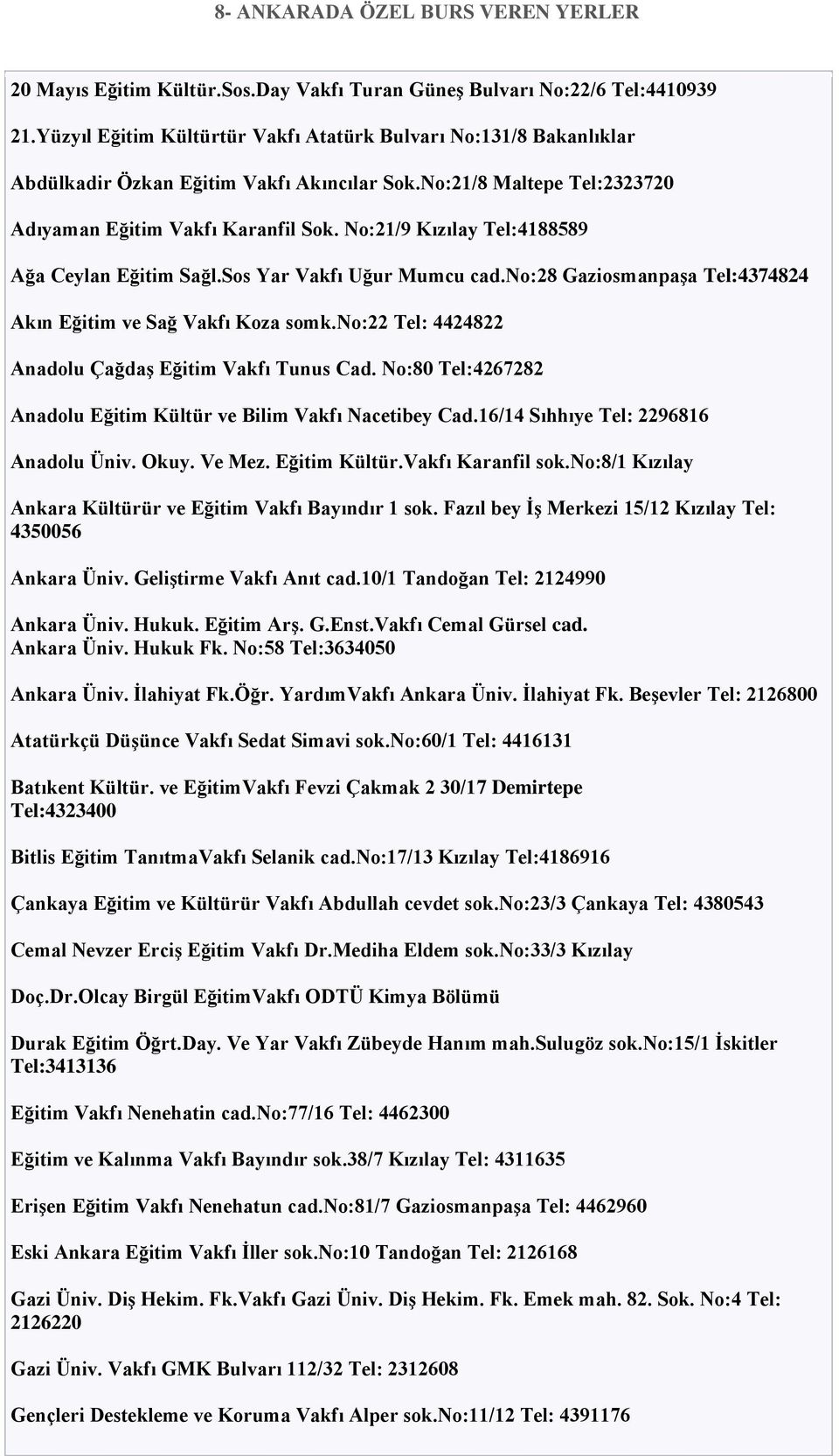 No:21/9 Kızılay Tel:4188589 Ağa Ceylan Eğitim Sağl.Sos Yar Vakfı Uğur Mumcu cad.no:28 Gaziosmanpaşa Tel:4374824 Akın Eğitim ve Sağ Vakfı Koza somk.