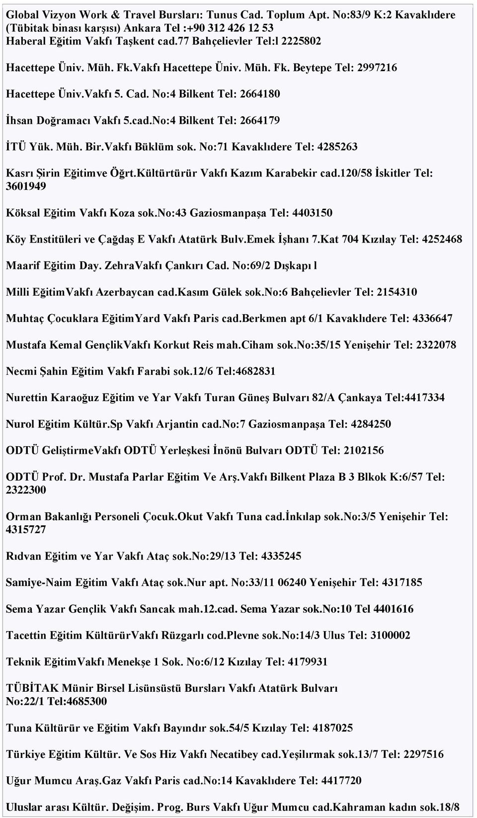 No:4 Bilkent Tel: 2664179 İTÜ Yük. Müh. Bir.Vakfı Büklüm sok. No:71 Kavaklıdere Tel: 4285263 Kasrı Şirin Eğitimve Öğrt.Kültürtürür Vakfı Kazım Karabekir cad.