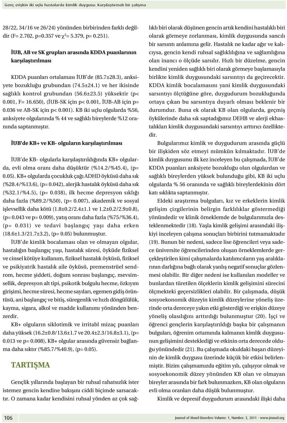 1) ve her ikisinde sağlıklı kontrol grubundan (56.6±23.5) yüksektir (p< 0.001, F= 16.650), (İUB-SK için p< 0.001, İUB-AB için p= 0.036 ve AB-SK için p< 0.001).