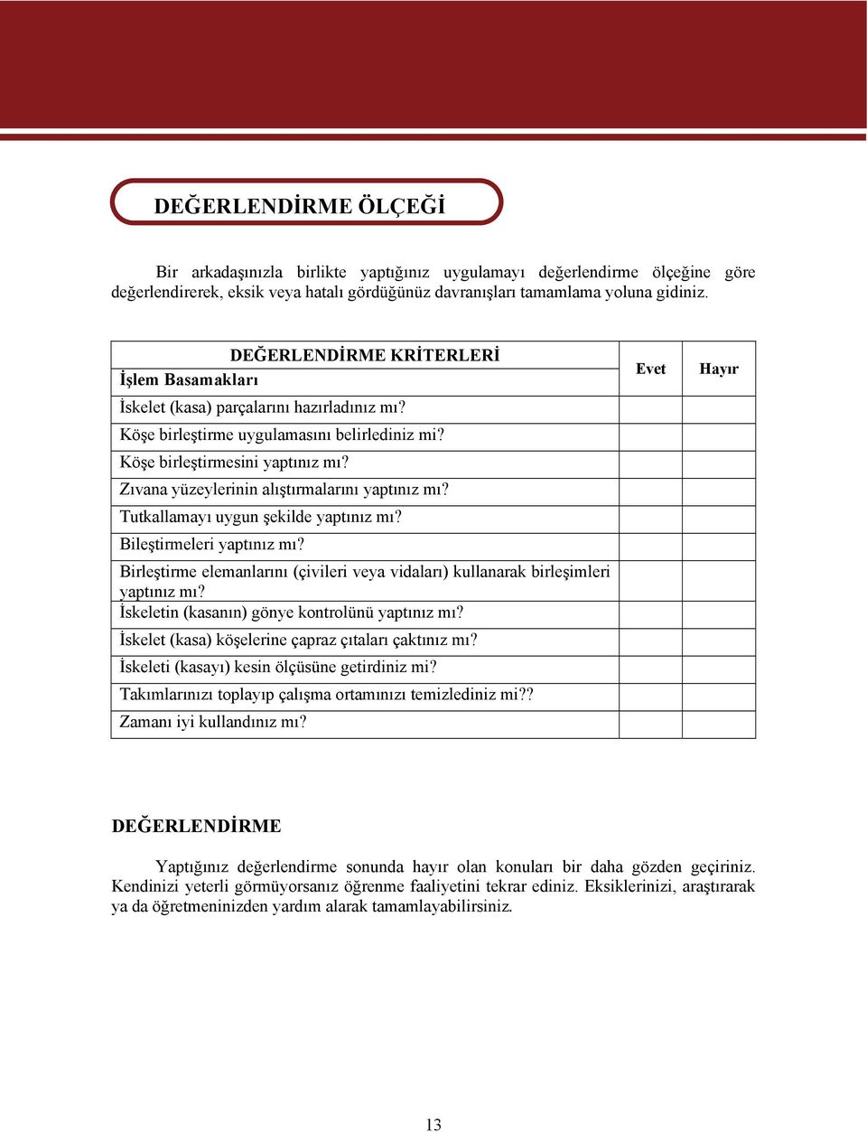 Zıvana yüzeylerinin alıştırmalarını yaptınız mı? Tutkallamayı uygun şekilde yaptınız mı? Bileştirmeleri yaptınız mı?