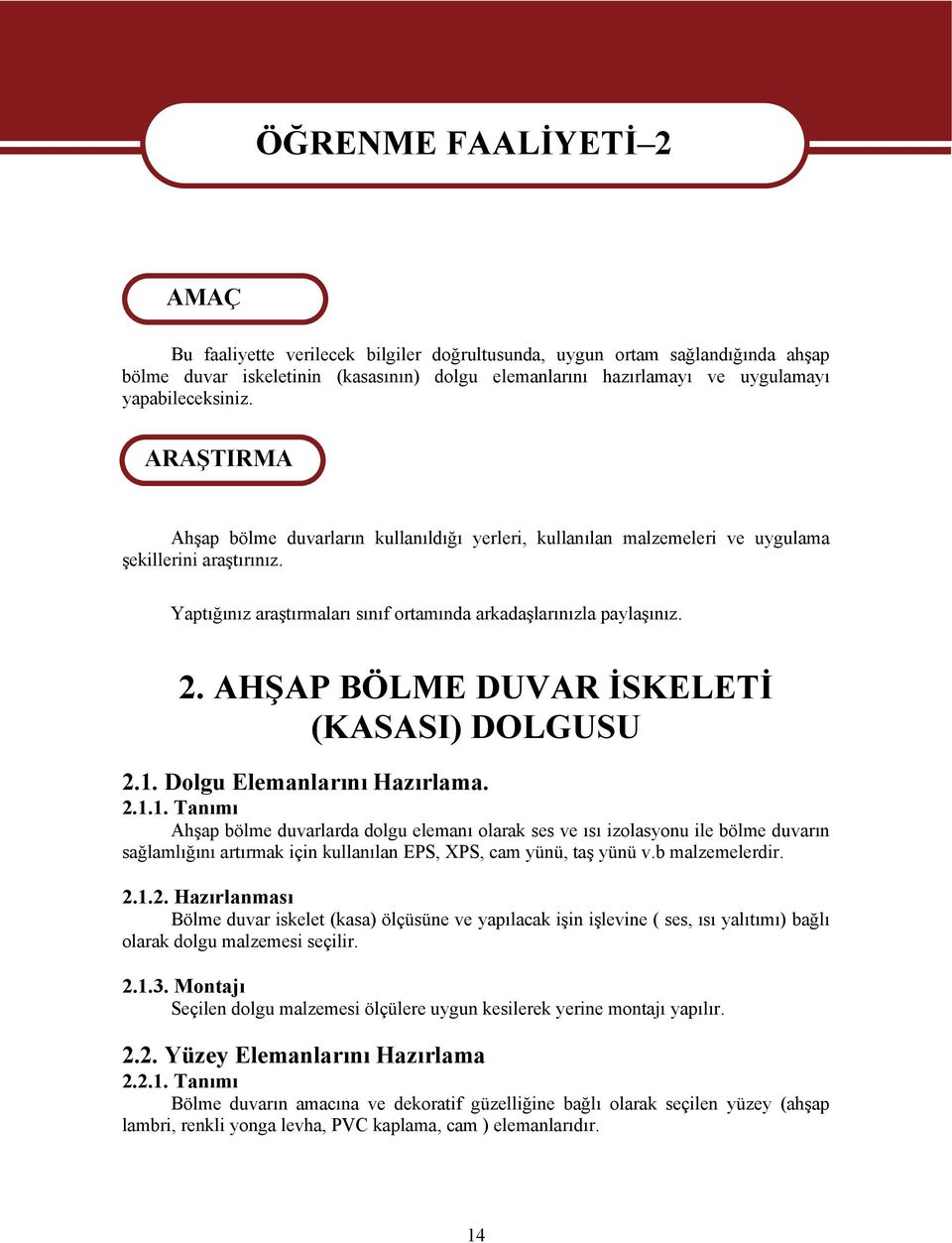 Yaptığınız araştırmaları sınıf ortamında arkadaşlarınızla paylaşınız. 2. AHŞAP BÖLME DUVAR İSKELETİ (KASASI) DOLGUSU 2.1.