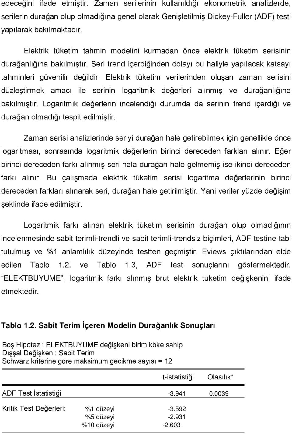 Elektrik tüketim verilerinden oluşan zaman serisini düzleştirmek amacı ile serinin logaritmik değerleri alınmış ve durağanlığına bakılmıştır.