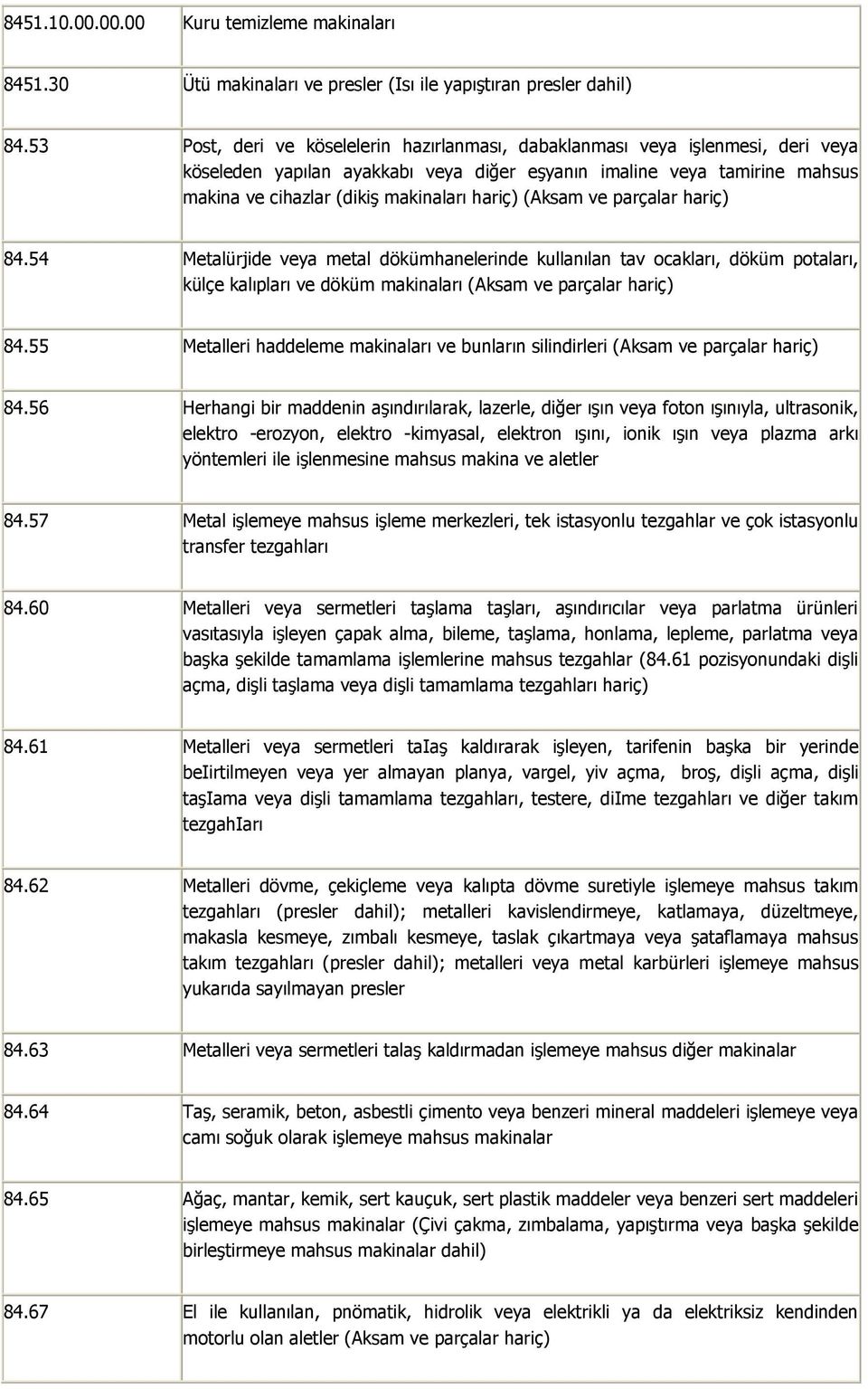 hariç) (Aksam ve parçalar hariç) 84.54 Metalürjide veya metal dökümhanelerinde kullanılan tav ocakları, döküm potaları, külçe kalıpları ve döküm makinaları (Aksam ve parçalar hariç) 84.