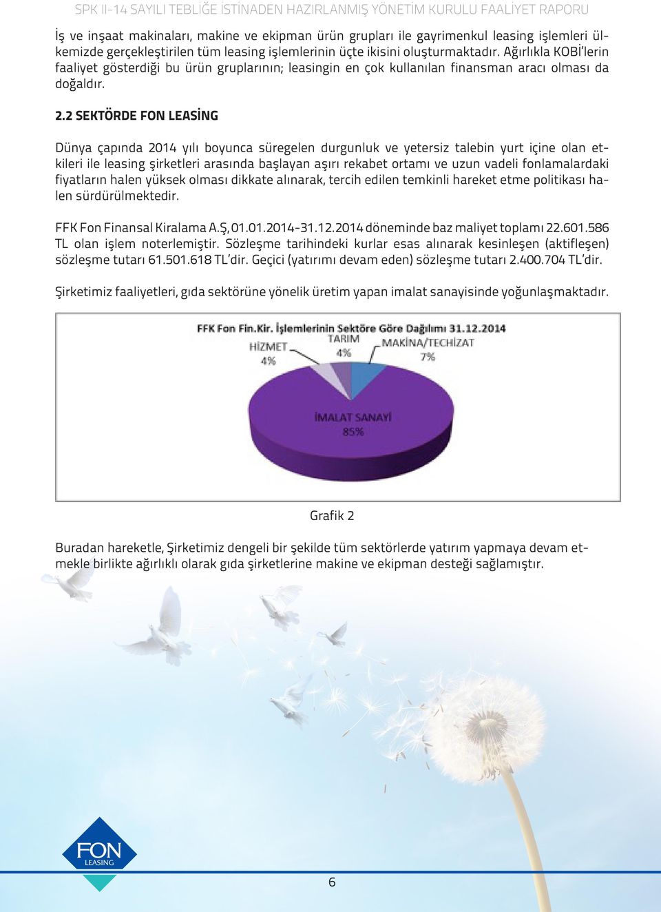 2 SEKTÖRDE FON LEASİNG Dünya çapında 2014 yılı boyunca süregelen durgunluk ve yetersiz talebin yurt içine olan etkileri ile leasing şirketleri arasında başlayan aşırı rekabet ortamı ve uzun vadeli