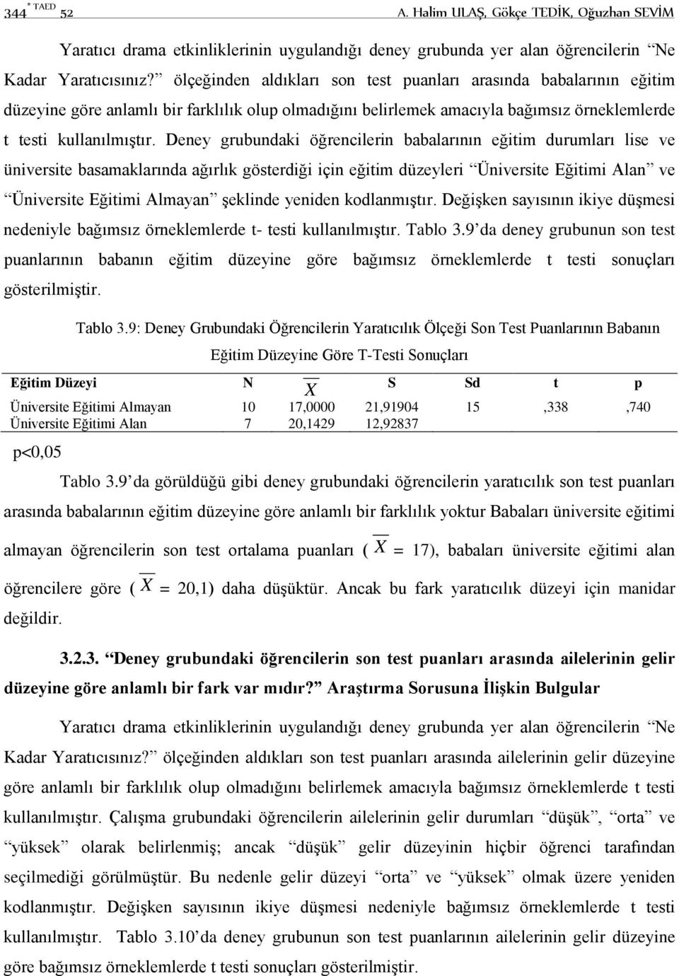 Deney grubundaki öğrencilerin babalarının eğitim durumları lise ve üniversite basamaklarında ağırlık gösterdiği için eğitim düzeyleri Üniversite Eğitimi Alan ve Üniversite Eğitimi Almayan şeklinde