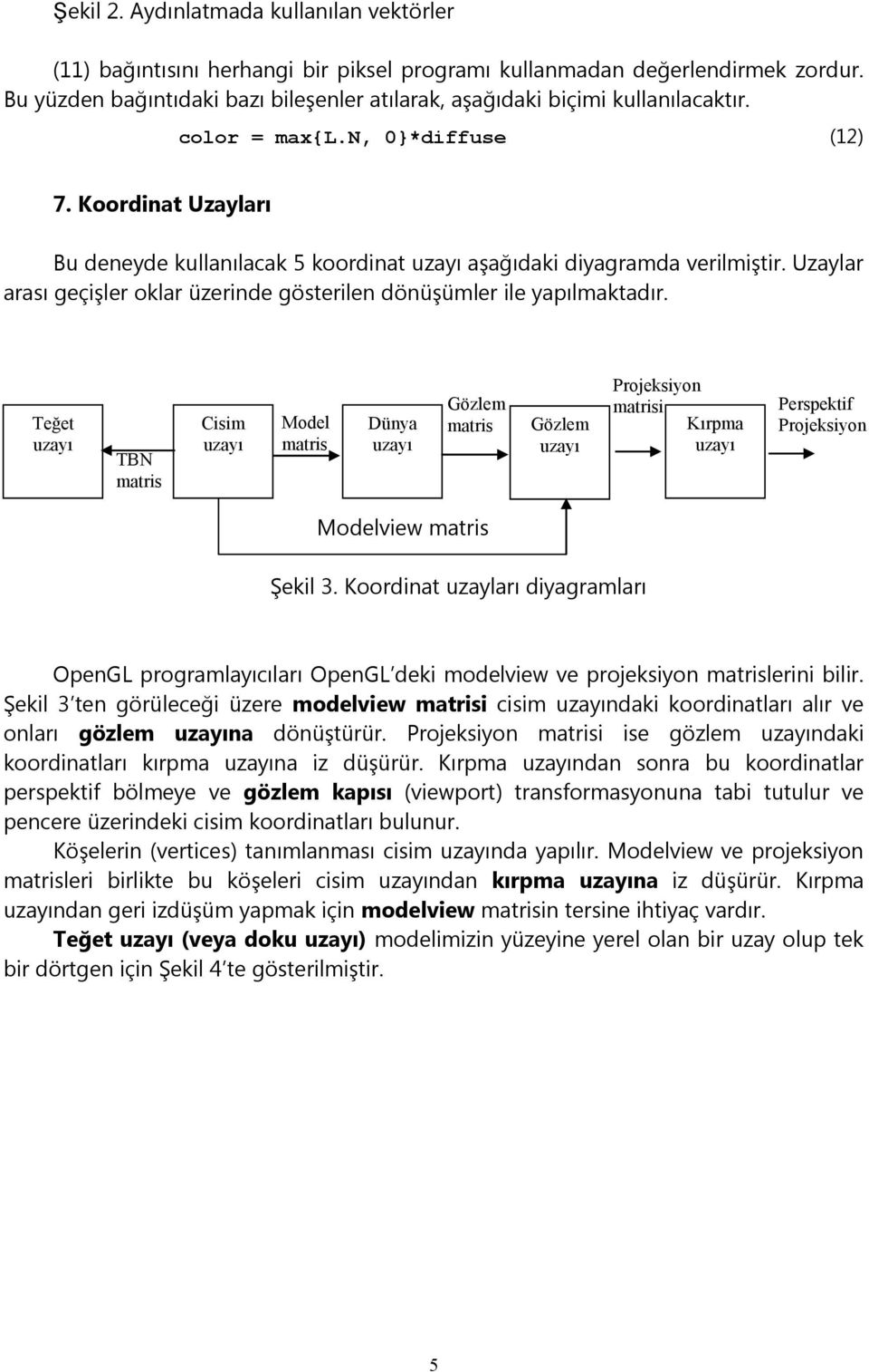 Koordinat Uzayları Bu deneyde kullanılacak 5 koordinat uzayı aşağıdaki diyagramda verilmiştir. Uzaylar arası geçişler oklar üzerinde gösterilen dönüşümler ile yapılmaktadır.