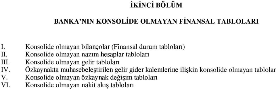 Konsolide olmayan nazım hesaplar tabloları III. Konsolide olmayan gelir tabloları IV.