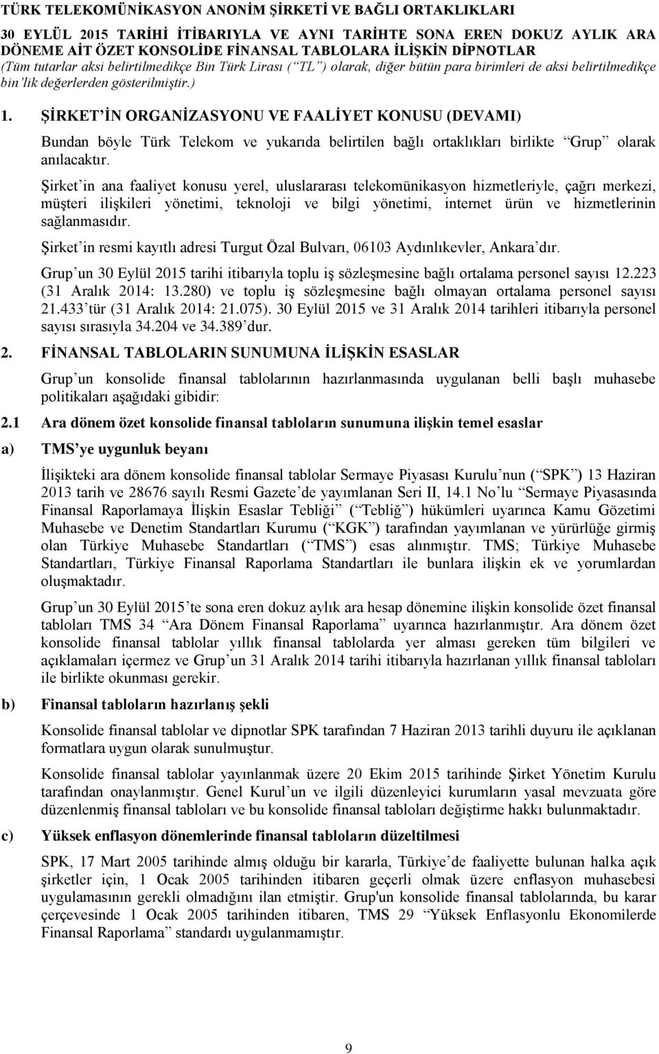 Şirket in resmi kayıtlı adresi Turgut Özal Bulvarı, 06103 Aydınlıkevler, Ankara dır. Grup un 30 Eylül 2015 tarihi itibarıyla toplu iş sözleşmesine bağlı ortalama personel sayısı 12.