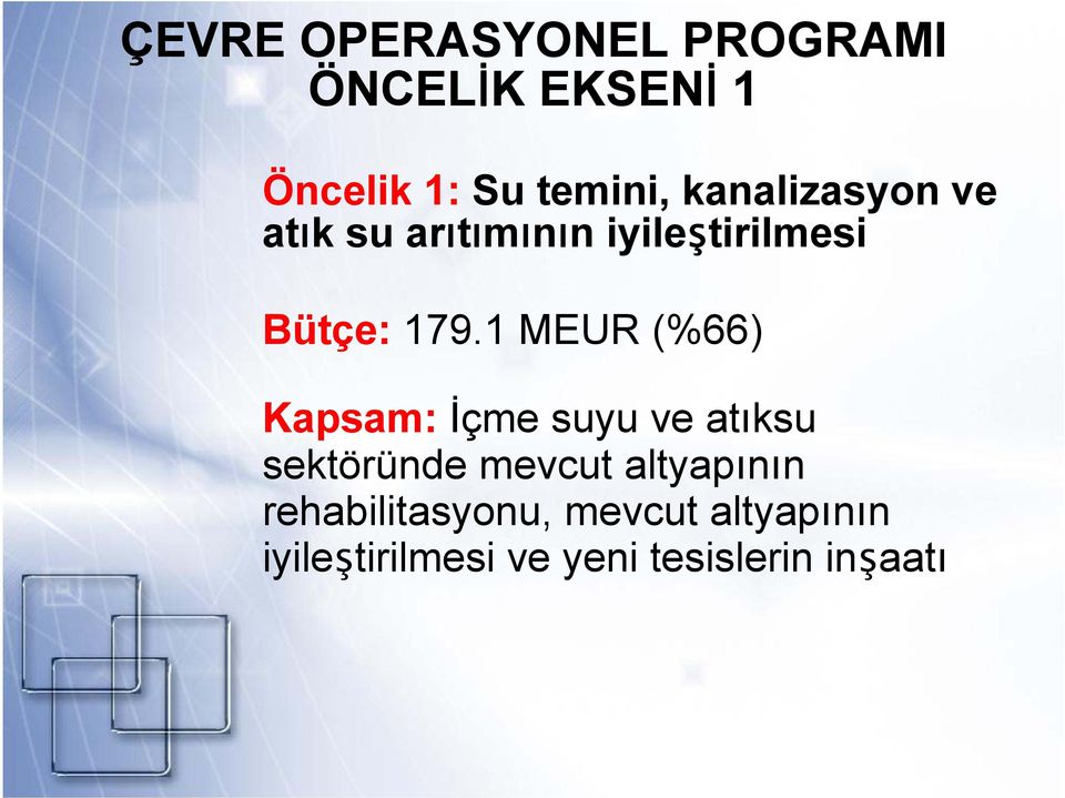 1 MEUR (%66) Kapsam: İçme suyu ve atıksu sektöründe mevcut