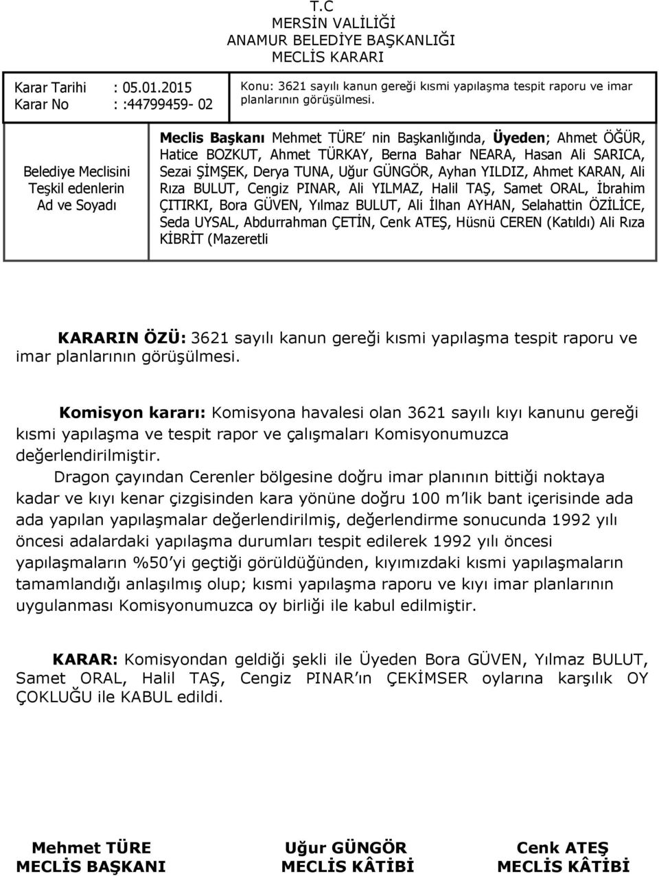 Komisyon kararı: Komisyona havalesi olan 3621 sayılı kıyı kanunu gereği kısmi yapılaģma ve tespit rapor ve çalıģmaları Komisyonumuzca değerlendirilmiģtir.