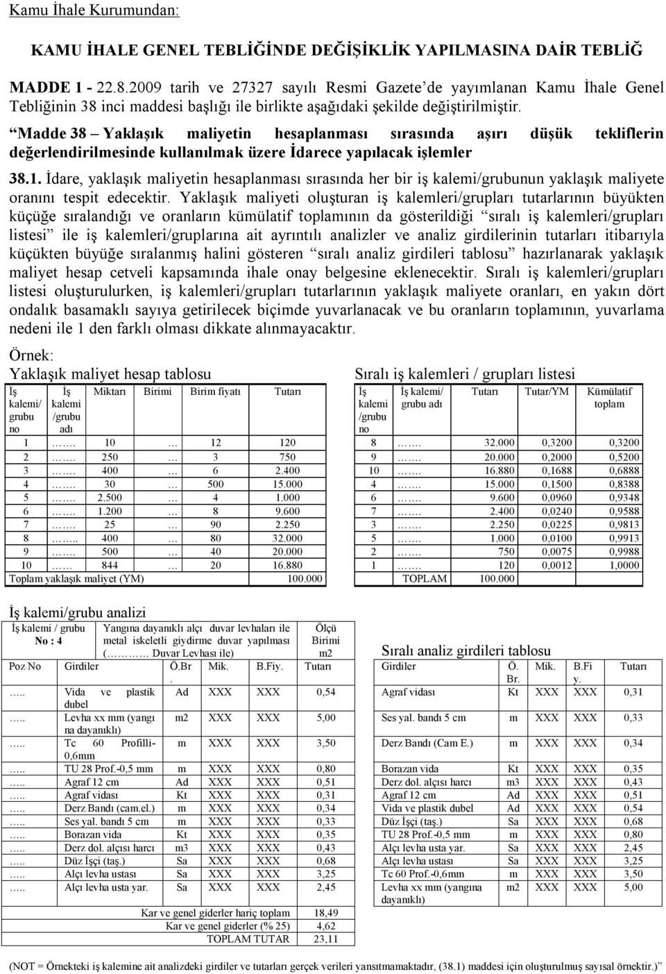 Madde 38 Yaklaşık maliyetin hesaplanması sırasında aşırı düşük tekliflerin değerlendirilmesinde kullanılmak üzere İdarece yapılacak işlemler 38.1.