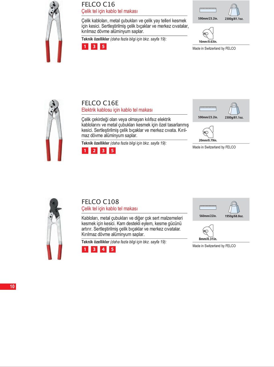 sayfa 19): 1 3 5 Made in Switzerland by FELCO FELCO C16E Elektrik kablosu için kablo tel makası Çelik çekirdeği olan veya olmayan kılıfsız elektrik kablolarını ve metal çubukları kesmek için özel