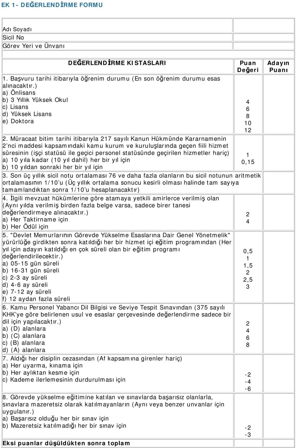 Müracaat bitim tarihi itibarıyla 217 sayılı Kanun Hükmünde Kararnamenin 2 nci maddesi kapsamındaki kamu kurum ve kuruluşlarında geçen fiili hizmet süresinin (işçi statüsü ile geçici personel