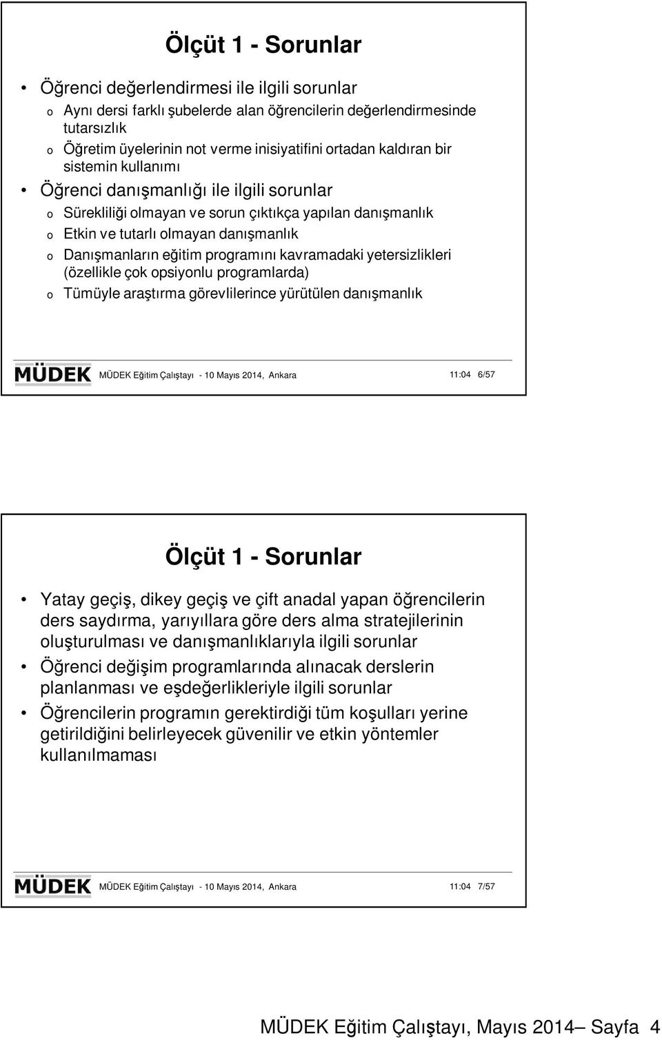 yetersizlikleri (özellikle çk psiynlu prgramlarda) Tümüyle araştırma görevlilerince yürütülen danışmanlık MÜDEK Eğitim Çalıştayı - 10 Mayıs 2014, Ankara 11:04 6/57 Ölçüt 1 - Srunlar Yatay geçiş,