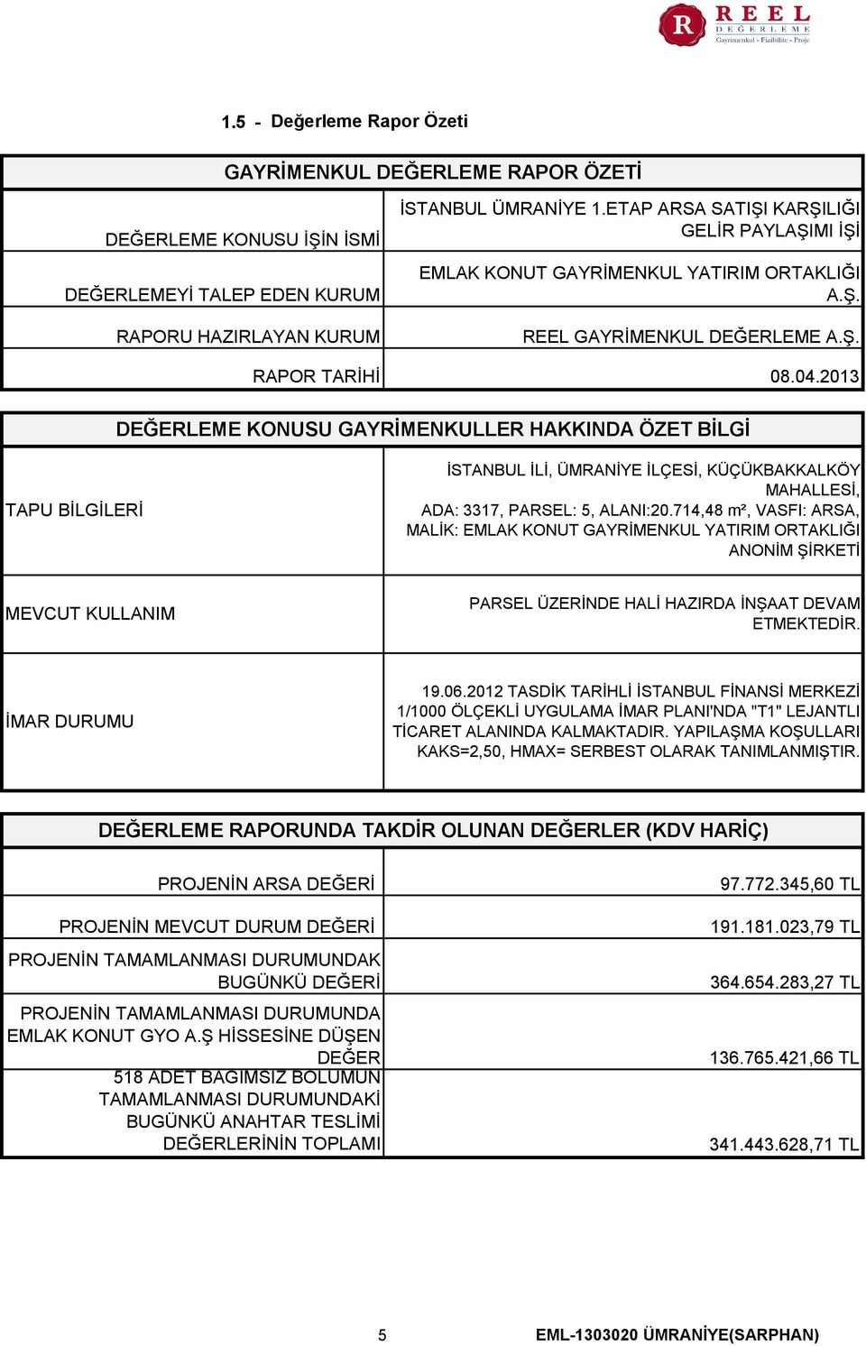 2013 DEĞERLEME KONUSU GAYRİMENKULLER HAKKINDA ÖZET BİLGİ TAPU BİLGİLERİ İSTANBUL İLİ, ÜMRANİYE İLÇESİ, KÜÇÜKBAKKALKÖY MAHALLESİ, ADA 3317, PARSEL 5, ALANI20.