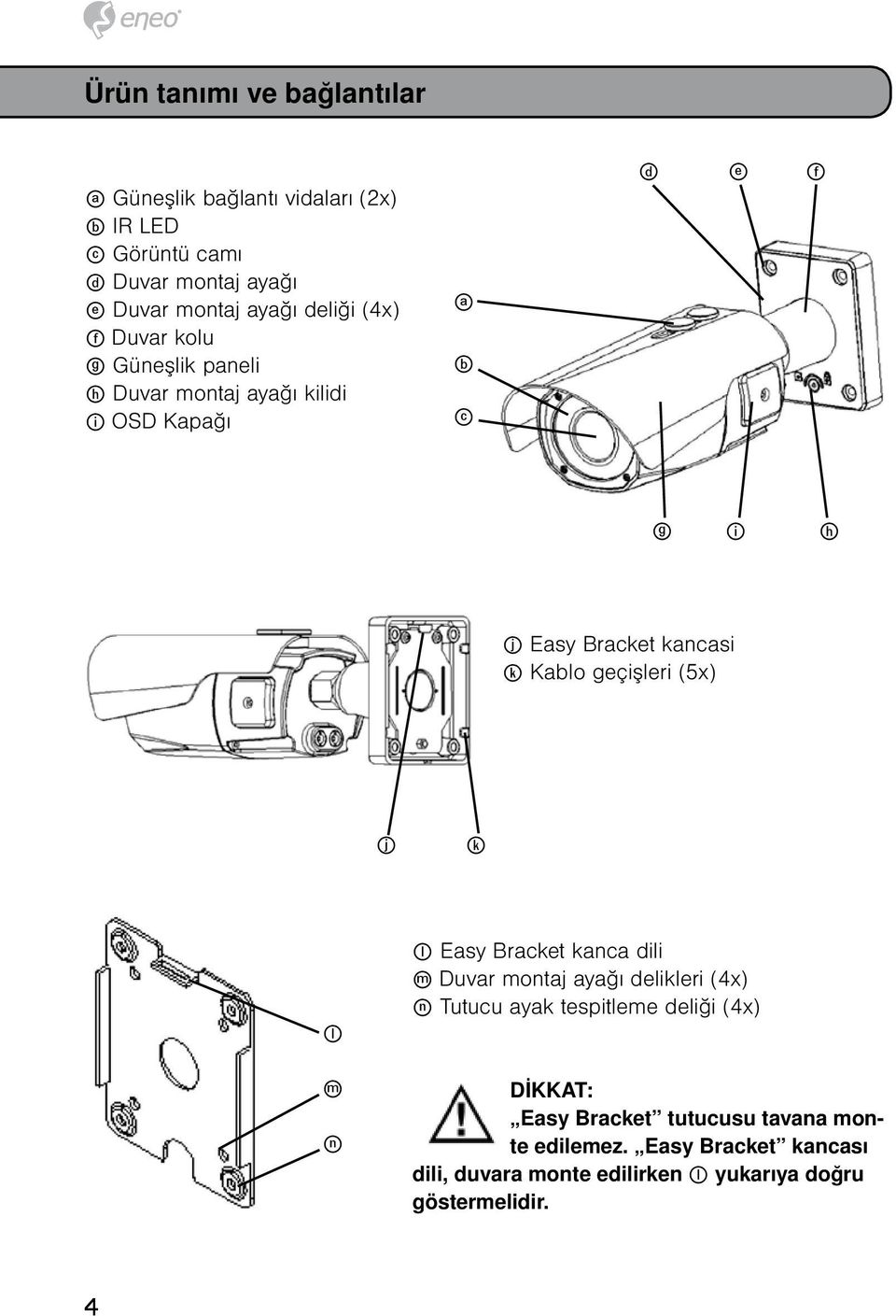 Kablo geçişleri (5x) j k l m n l Easy Bracket kanca dili m Duvar montaj ayağı delikleri (4x) n Tutucu ayak tespitleme deliği (4x)
