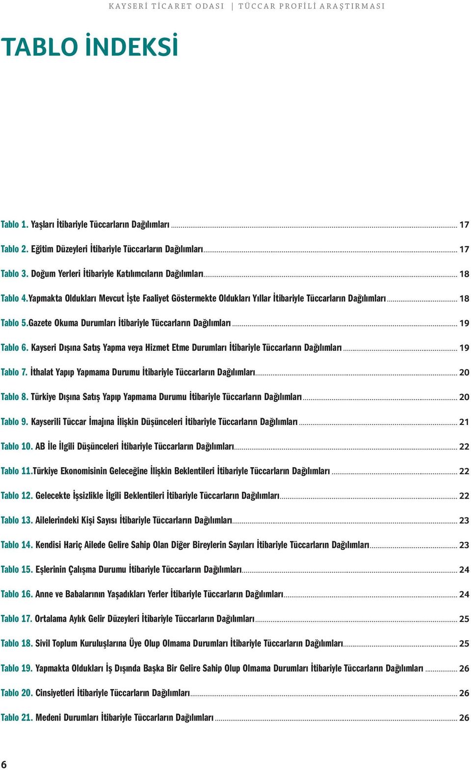 Gazete Okuma Durumları İtibariyle Tüccarların Dağılımları... 19 Tablo 6. Dışına Satış Yapma veya Hizmet Etme Durumları İtibariyle Tüccarların Dağılımları... 19 Tablo 7.