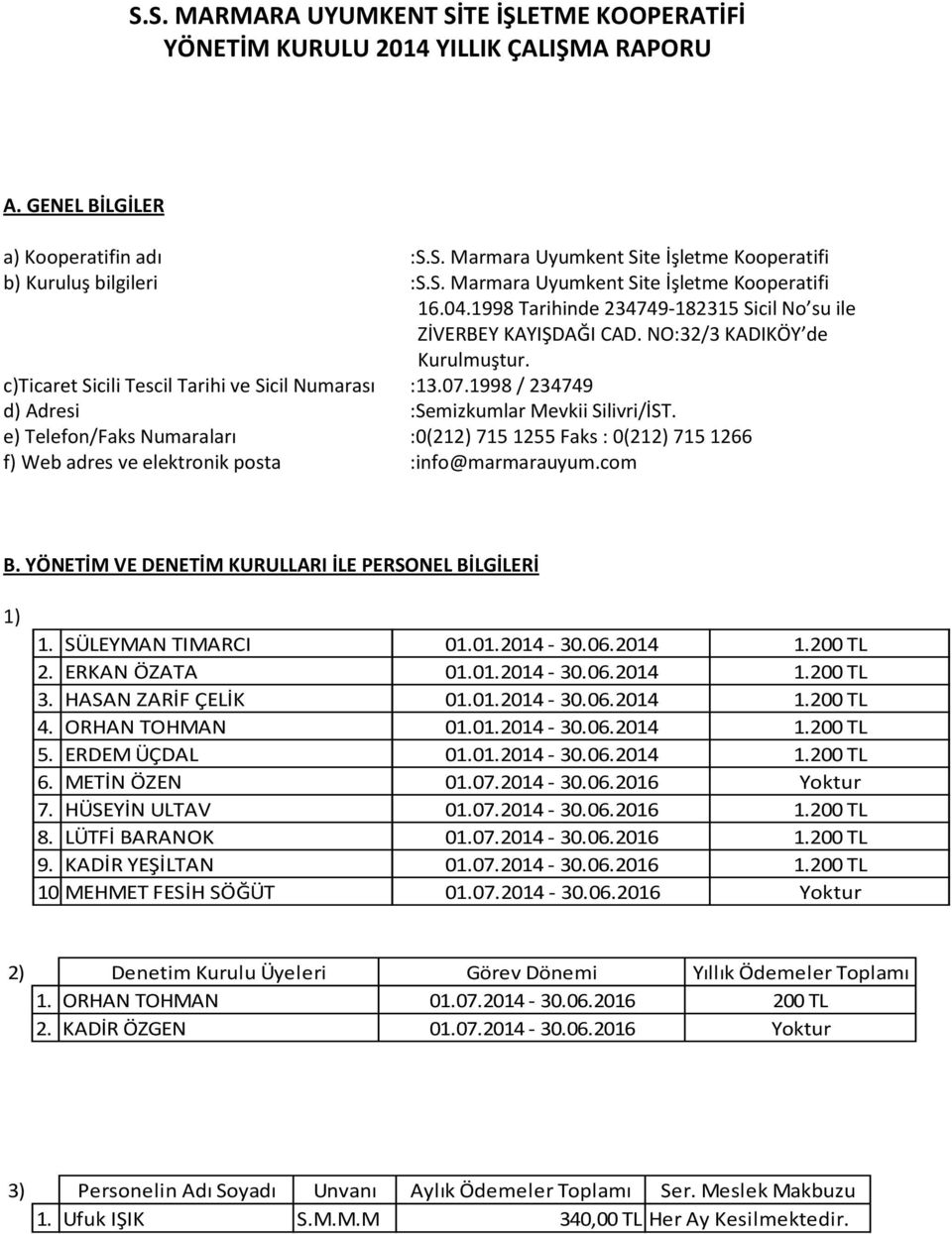 c)ticaret Sicili Tescil Tarihi ve Sicil Numarası :13.07.1998 / 234749 d) Adresi :Semizkumlar Mevkii Silivri/İST.