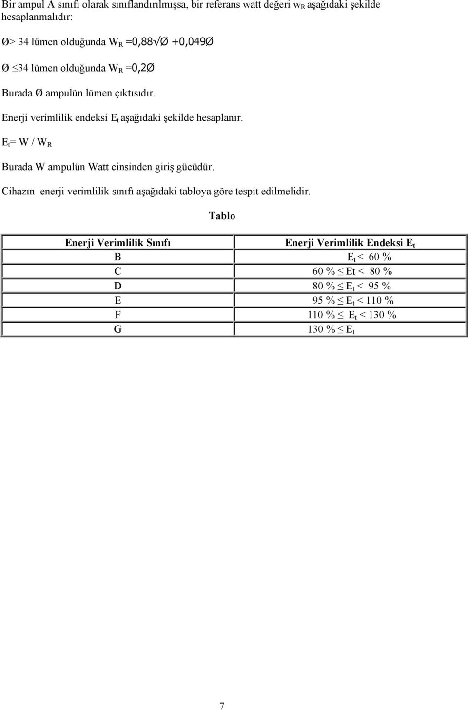 E t = W / W R Burada W ampulün Watt cinsinden giriş gücüdür. Cihazın enerji verimlilik sınıfı aşağıdaki tabloya göre tespit edilmelidir.