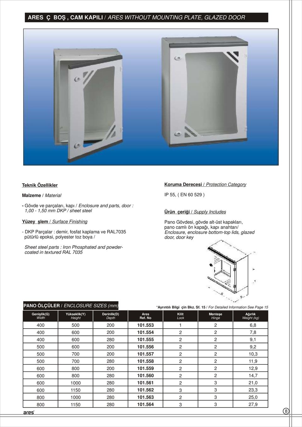 alt-üst kapakları, pano camlı ön kapağı, kapı anahtarı/ Enclosure, enclosure bottom-top lids, glazed door, door key Sheet steel parts : Iron Phosphated and powdercoated in textured RAL 0 Y G D PANO