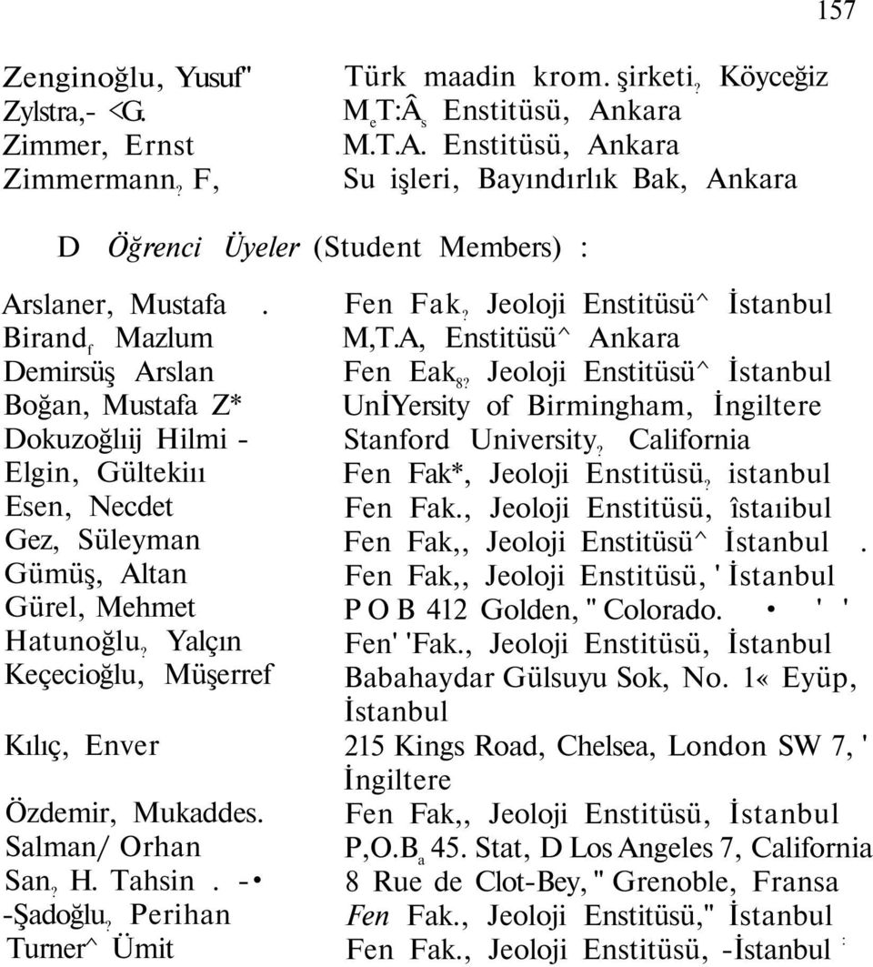 Birand f Mazlum Demirsüş Arslan Boğan, Mustafa Z* Dokuzoğlıij Hilmi - Elgin, Gültekiıı Esen, Necdet Gez, Süleyman Gümüş, Altan Gürel, Mehmet Hatunoğlu?