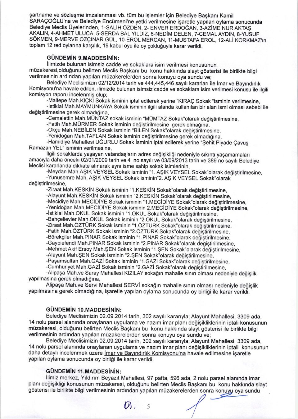 AHMET ULUCA, 5-SERDA BAL YILDIZ, 6-NEDIM DELEN, 7-CEMALAYDIN, 8-YUSUF SOKMEN, 9-MERVE OzetNAR GUL, 1o-ERoL MERCAN, 11-MUSTAFA ERoL, 12-ALl KoRKMAZ,Tn toplam 12 red oylarrna kargtltk, 19 kabul oyu ile