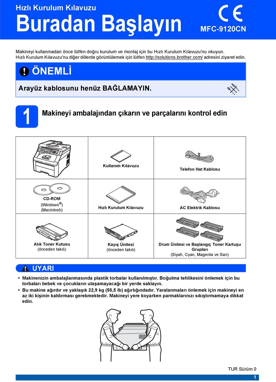 1 Mkineyi mljındn çıkrın ve prçlrını kontrol edin Kullnım Kılvuzu Telefon Ht Klosu CD-ROM (Windows ) (Mintosh) Hızlı Kurulum Kılvuzu AC Elektrik Klosu Atık Toner Kutusu (öneden tkılı) Kyış Ünitesi