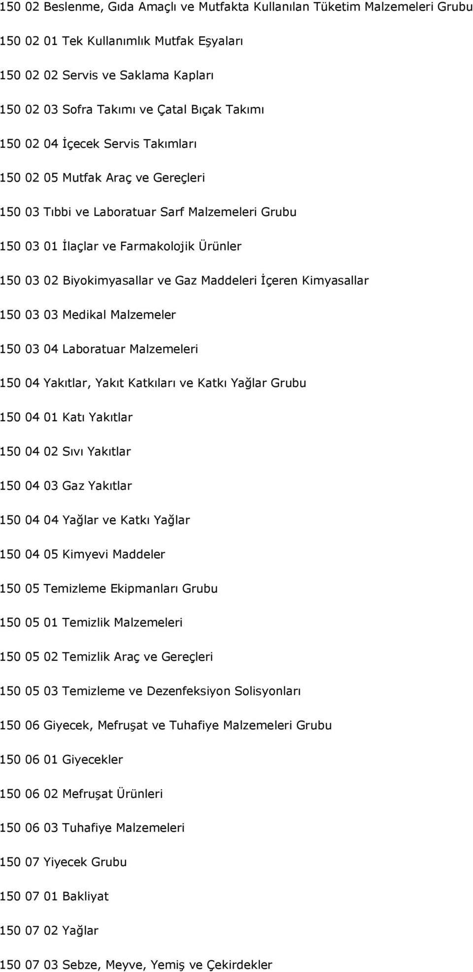 Gaz Maddeleri İçeren Kimyasallar 150 03 03 Medikal Malzemeler 150 03 04 Laboratuar Malzemeleri 150 04 Yakıtlar, Yakıt Katkıları ve Katkı Yağlar Grubu 150 04 01 Katı Yakıtlar 150 04 02 Sıvı Yakıtlar