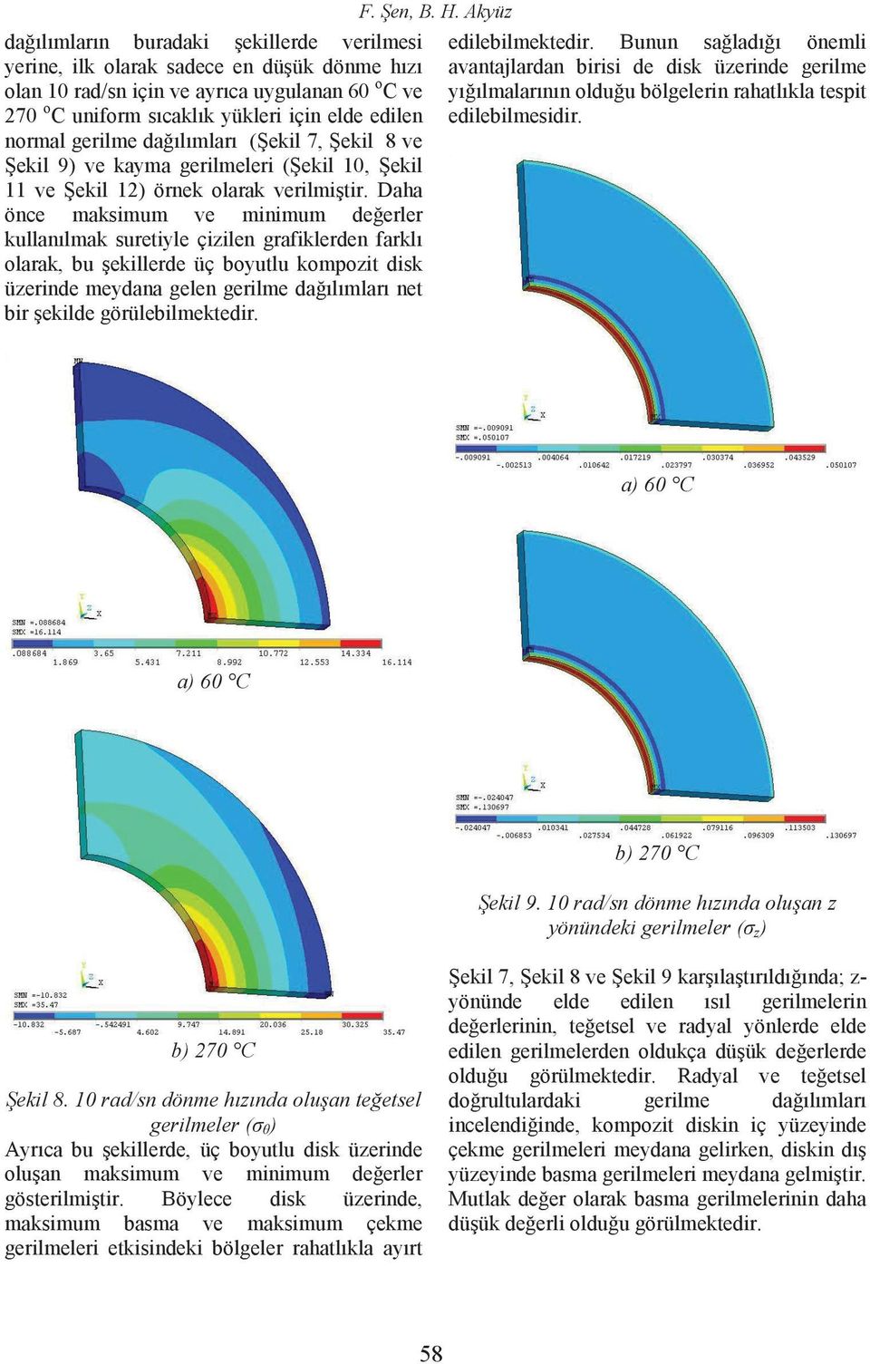 Daha önce maksimum ve minimum değerler kullanılmak suretiyle çizilen grafiklerden farklı olarak, bu şekillerde üç boyutlu kompozit disk üzerinde meydana gelen gerilme dağılımları net bir şekilde