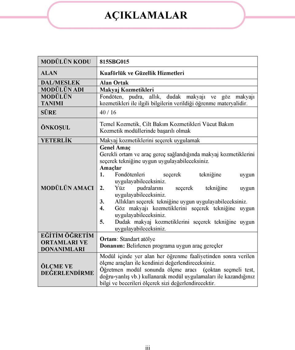 ÖNKOŞUL YETERLİK MODÜLÜN AMACI EĞİTİM ÖĞRETİM ORTAMLARI VE DONANIMLARI ÖLÇME VE DEĞERLENDİRME Temel Kozmetik, Cilt Bakım Kozmetikleri Vücut Bakım Kozmetik modüllerinde başarılı olmak Makyaj