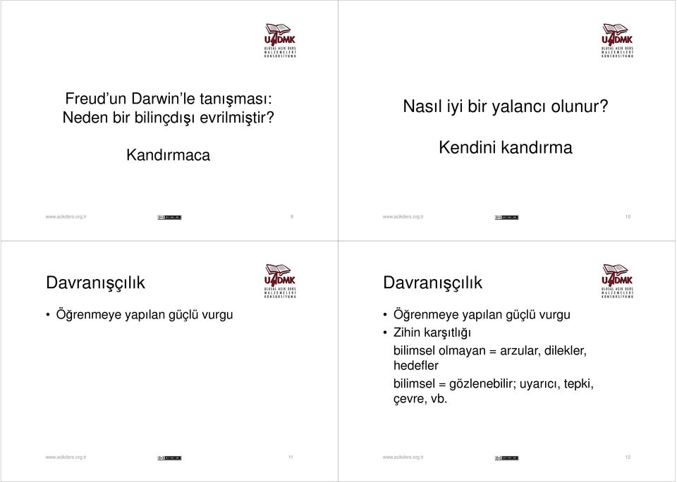 Kandırmaca Kendini kandırma 9 10 Davranışçılık Davranışçılık Öğrenmeye yapılan