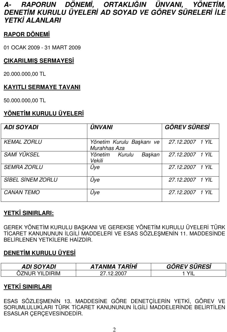 2007 1 YIL Murahhas Aza SAMİ YÜKSEL Yönetim Kurulu Başkan 27.12.