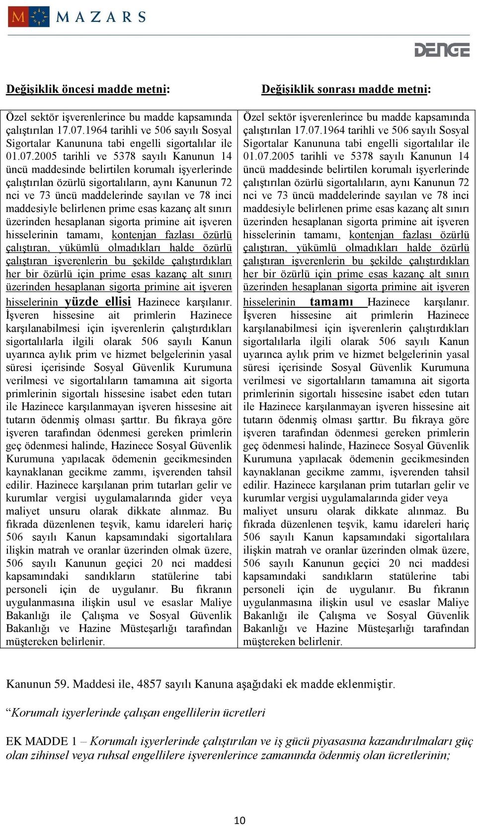 2005 tarihli ve 5378 sayılı Kanunun 14 üncü maddesinde belirtilen korumalı işyerlerinde çalıştırılan özürlü sigortalıların, aynı Kanunun 72 nci ve 73 üncü maddelerinde sayılan ve 78 inci maddesiyle