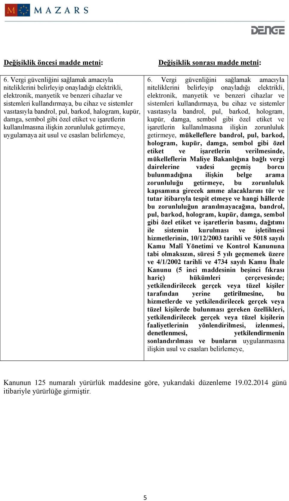 pul, barkod, halogram, kupür, damga, sembol gibi özel etiket ve işaretlerin kullanılmasına ilişkin zorunluluk getirmeye, uygulamaya ait usul ve esasları belirlemeye, Değişiklik sonrası madde metni: 6.