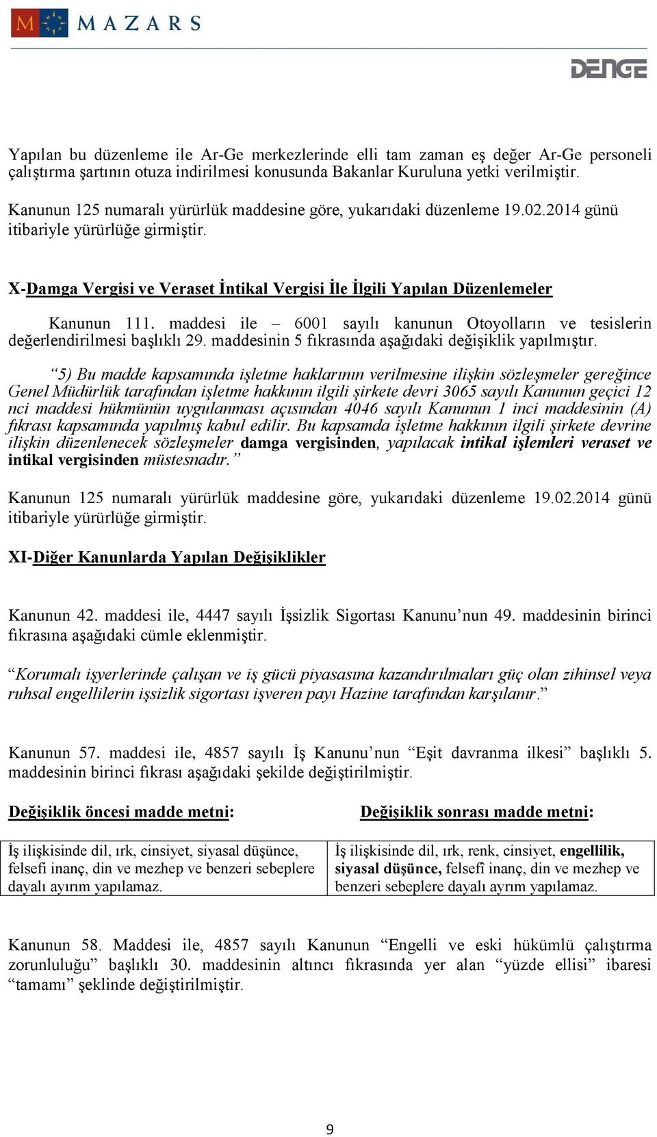 X-Damga Vergisi ve Veraset İntikal Vergisi İle İlgili Yapılan Düzenlemeler Kanunun 111. maddesi ile 6001 sayılı kanunun Otoyolların ve tesislerin değerlendirilmesi başlıklı 29.