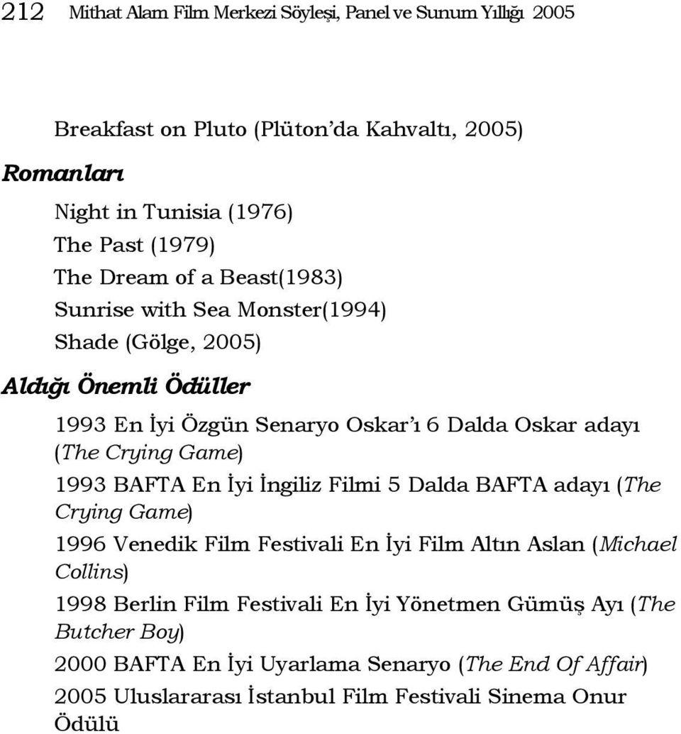 Crying Game) 1993 BAFTA En İyi İngiliz Filmi 5 Dalda BAFTA adayı (The Crying Game) 1996 Venedik Film Festivali En İyi Film Altın Aslan (Michael Collins) 1998 Berlin