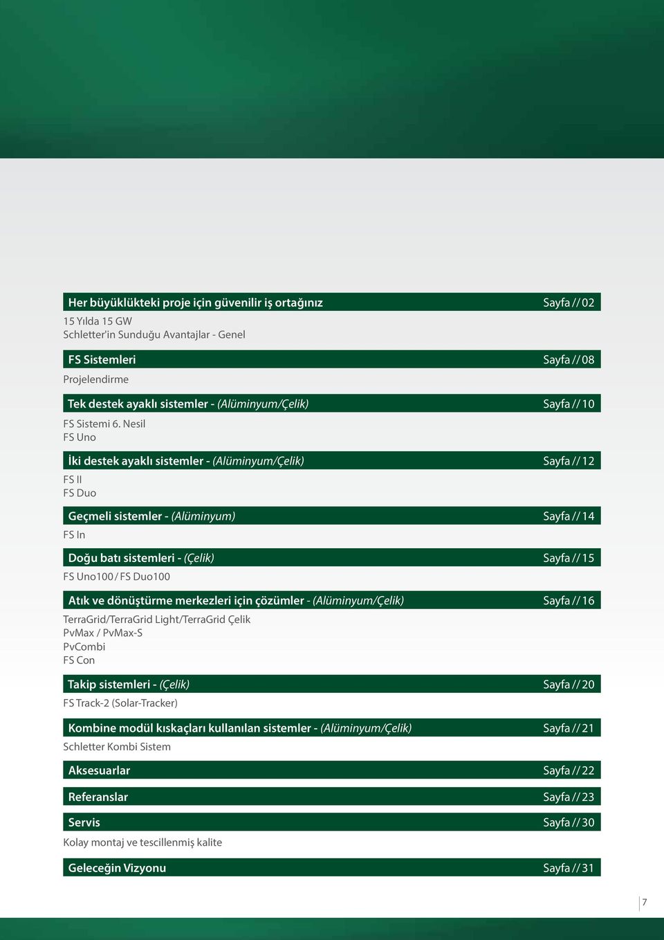 Nesil FS Uno İki destek ayaklı sistemler - (Alüminyum/Çelik) Sayfa // 12 FS II FS Duo Geçmeli sistemler - (Alüminyum) Sayfa // 14 FS In Doğu batı sistemleri - (Çelik) Sayfa // 15 FS Uno100 / FS