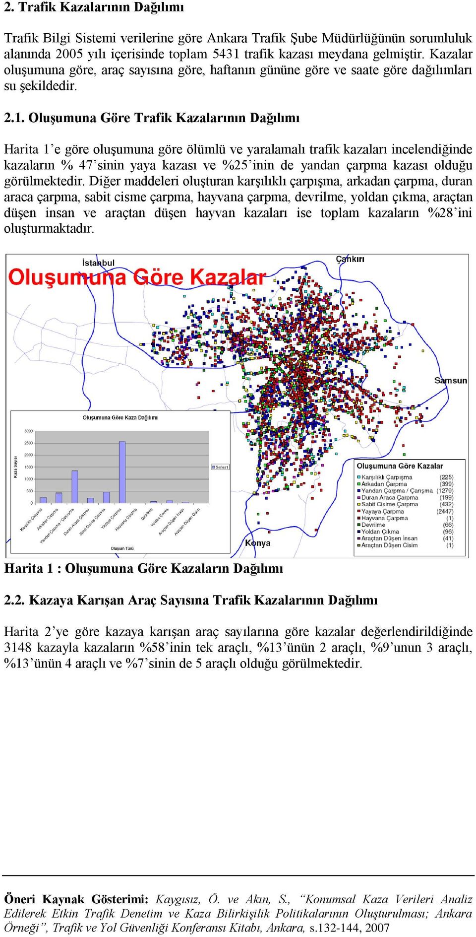 Oluşumuna Göre Trafik Kazalarının Dağılımı Harita 1 e göre oluşumuna göre ölümlü ve yaralamalı trafik kazaları incelendiğinde kazaların % 47 sinin yaya kazası ve %25 inin de yandan çarpma kazası