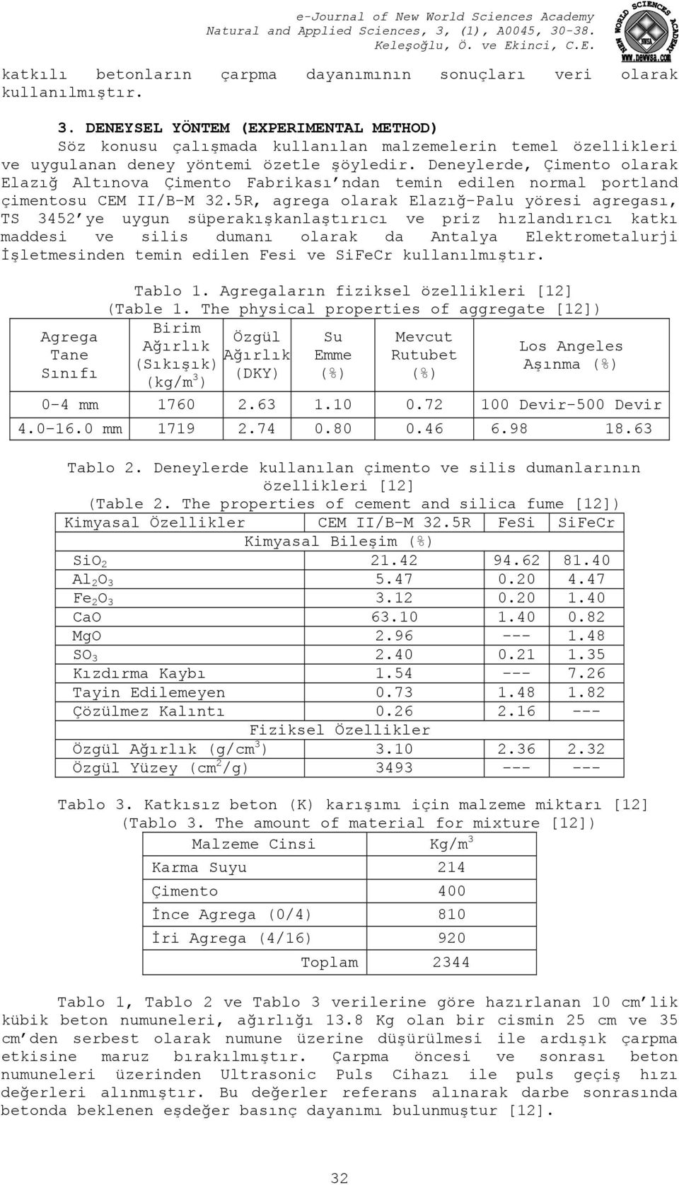 Deneylerde, Çmento olarak Elazığ Altınova Çmento Fabrkası ndan temn edlen normal portland çmentosu CEM II/B-M 32.