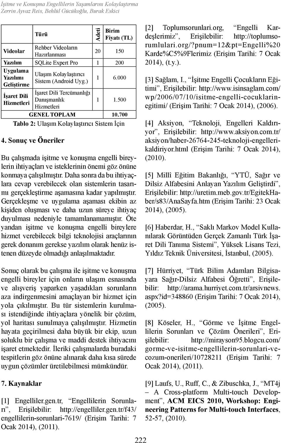 700 Tablo 2: Ulaşım Kolaylaştırıcı Sistem İçin 4. Sonuç ve Öneriler Bu çalışmada işitme ve konuşma engelli bireylerin ihtiyaçları ve isteklerinin önemi göz önüne konmaya çalışılmıştır.