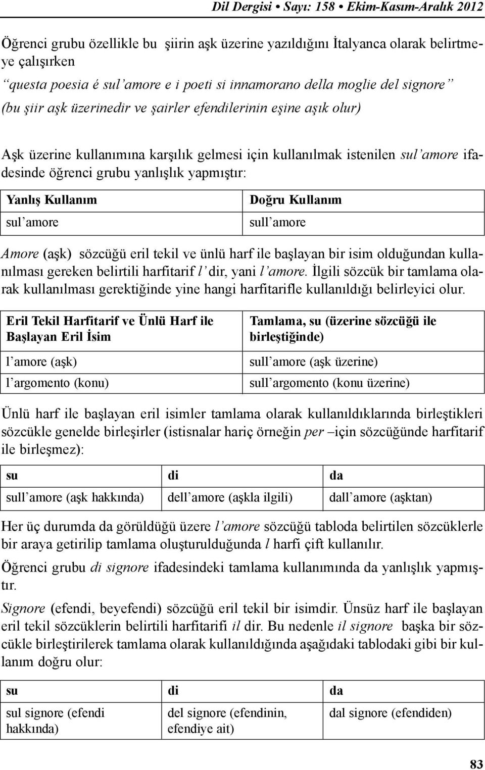 yapmıştır: Yanlış Kullanım sul amore Doğru Kullanım sull amore Amore (aşk) sözcüğü eril tekil ve ünlü harf ile başlayan bir isim olduğundan kullanılması gereken belirtili harfitarif l dir, yani l