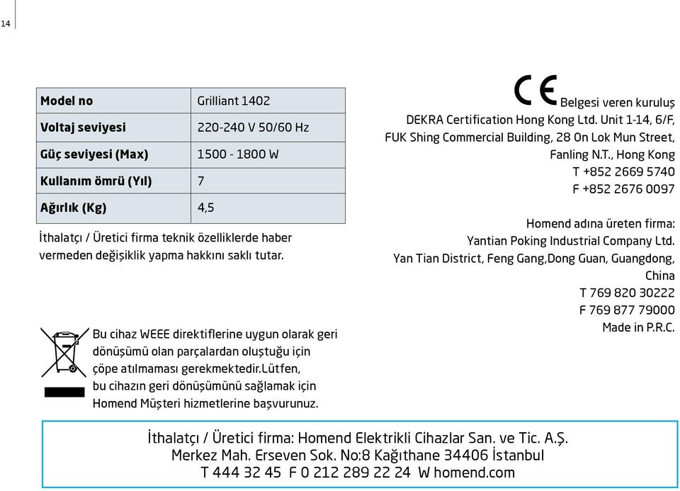 lütfen, bu cihazın geri dönüşümünü sağlamak için Homend Müşteri hizmetlerine başvurunuz. Belgesi veren kuruluş DEKRA Certification Hong Kong Ltd.