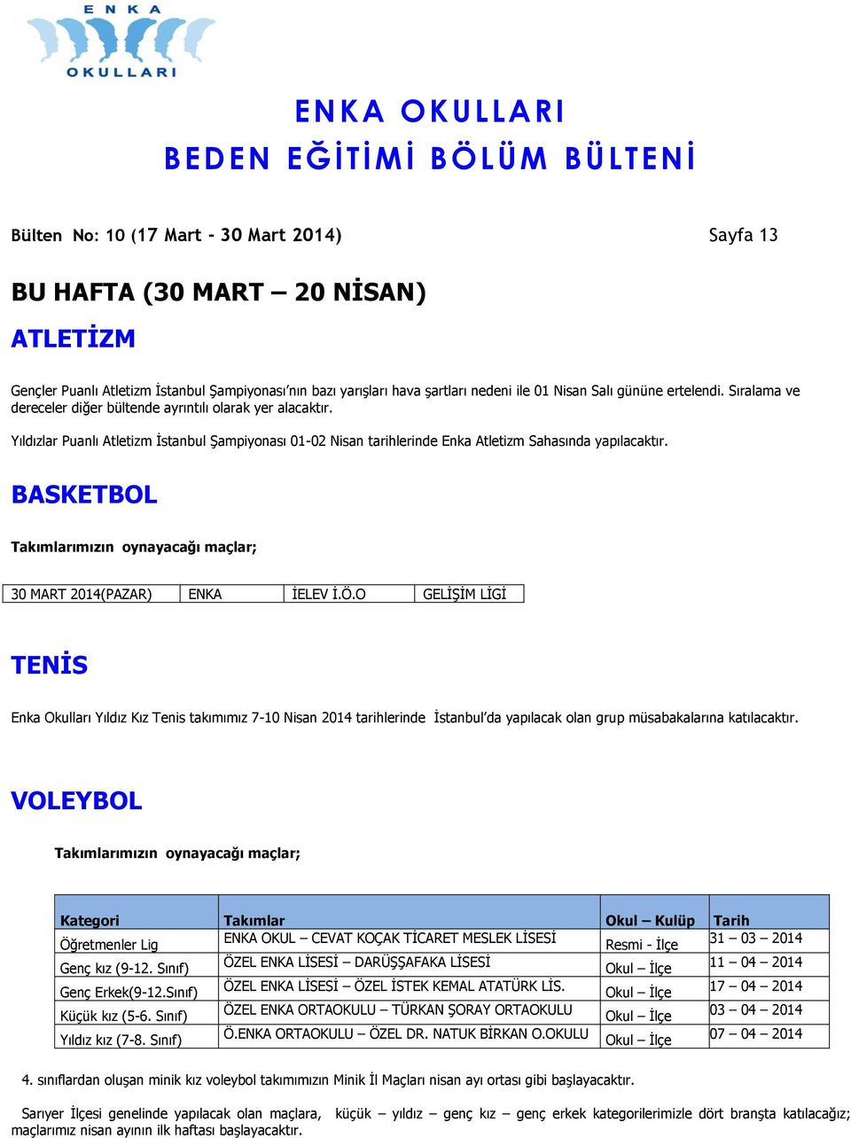 BASKETBOL Takımlarımızın oynayacağı maçlar; 30 MART 2014(PAZAR) ENKA İELEV İ.Ö.